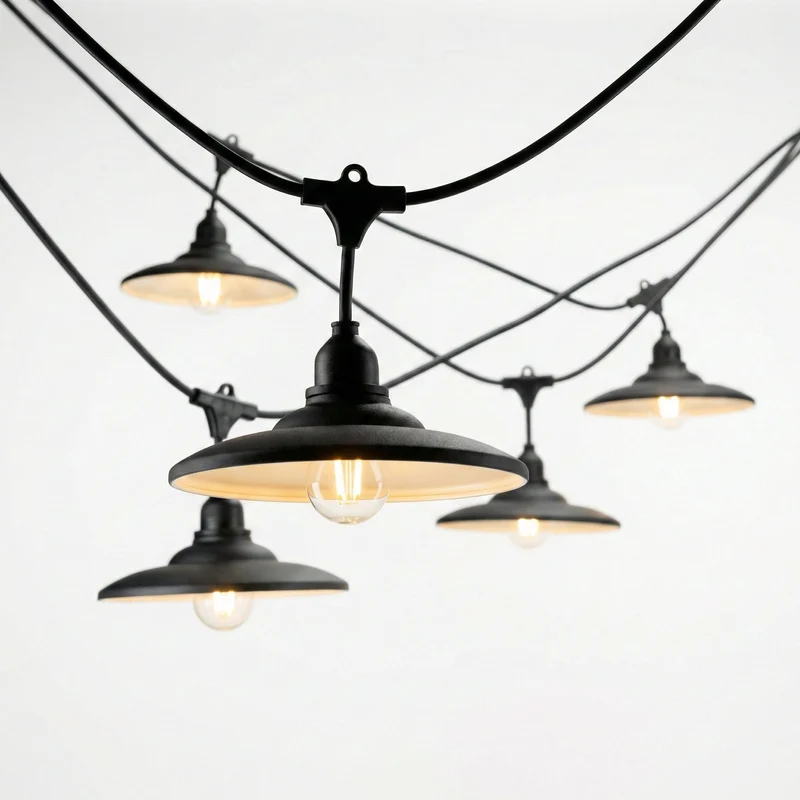 Komplettes Pinkabel mit 5x Lampenschirmen | 5 Meter | Schwarzer Lampenschirm | Anschließbar | E27 | inkl. 1W-Lampen