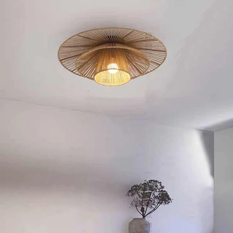 Flush Mount Ceiling Light Rattan Woven Hemp Rope