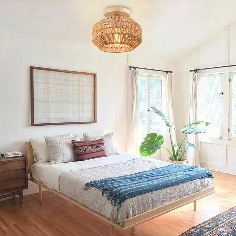 Semi-Flush Ceiling Light / Pendant Light Boho Hemp Rope Round Cage