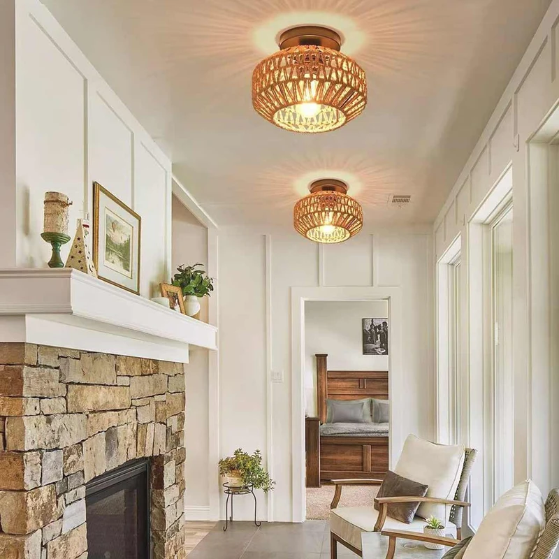 Semi-Flush Ceiling Light / Pendant Light Boho Hemp Rope Round Cage