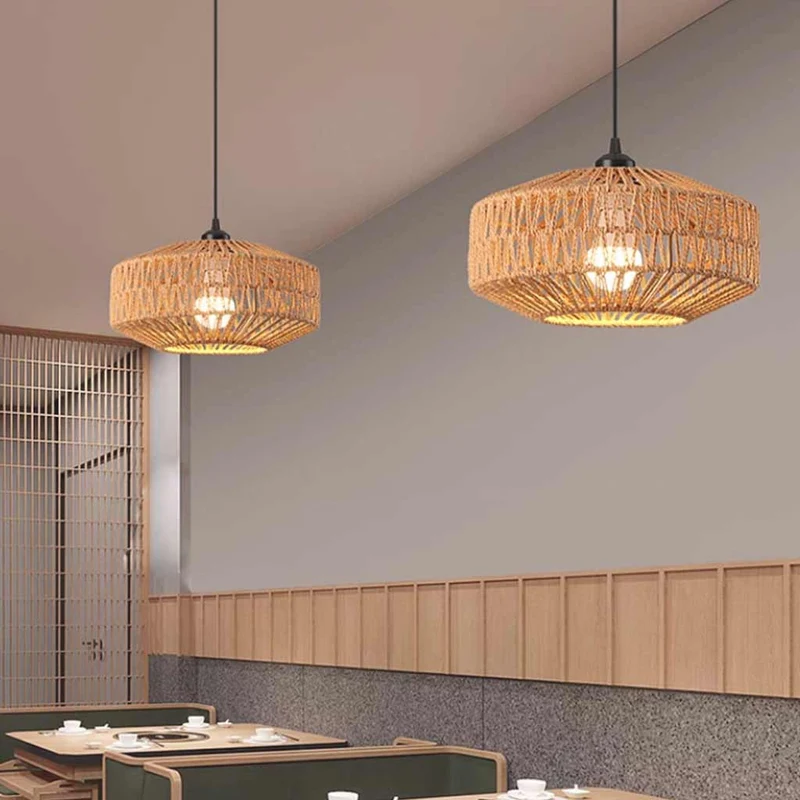 Semi-Flush Ceiling Light / Pendant Light Boho Hemp Rope Round Cage