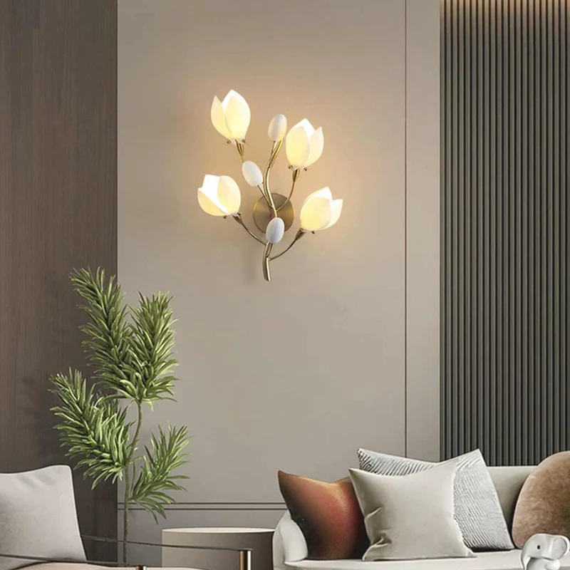 Wall / Floor Lamp Artistic Ceramic Magnolia, Gold & White