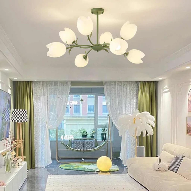 Chandelier Cream Branch Plastic Flower Tulip, White / Green