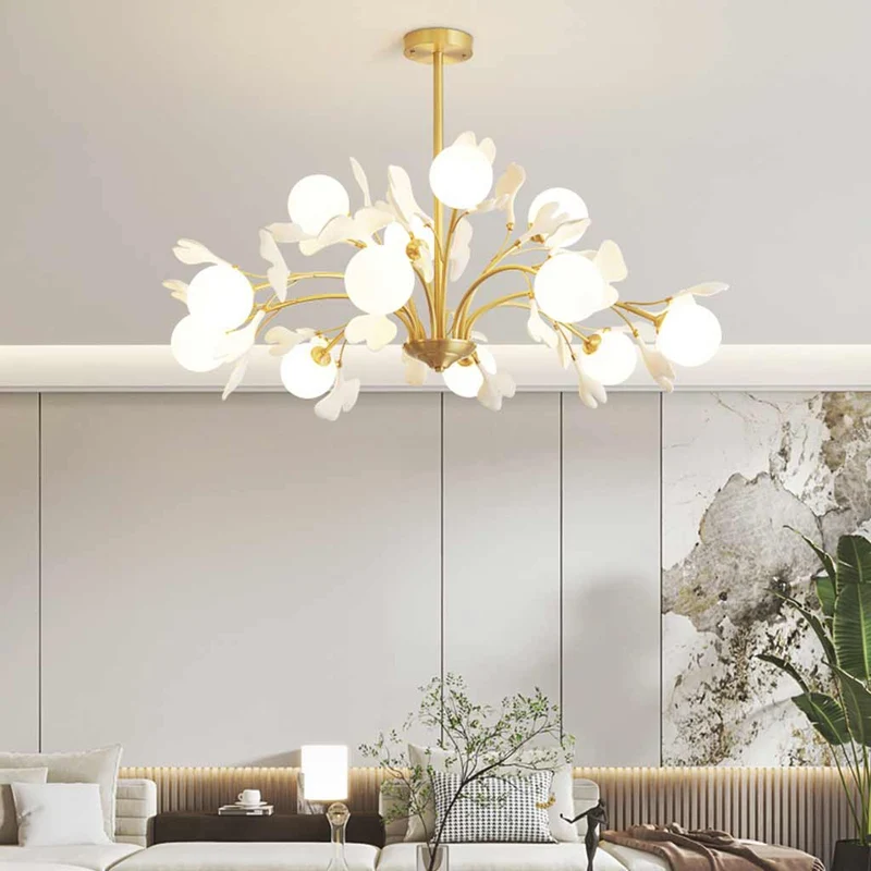 Chandelier Brass Glass Ball Ceramic Ginkgo Leaves