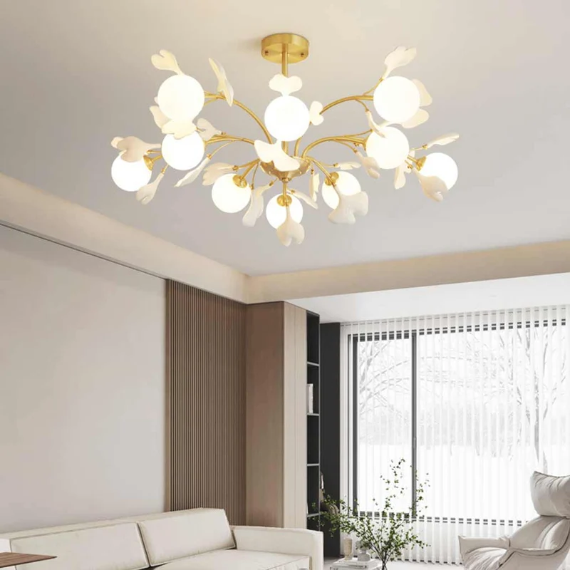 Chandelier Brass Glass Ball Ceramic Ginkgo Leaves