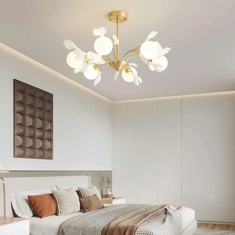 Chandelier Brass Glass Ball Ceramic Ginkgo Leaves