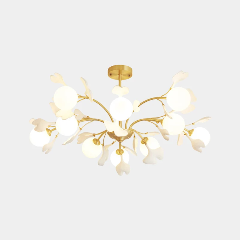Chandelier Brass Glass Ball Ceramic Ginkgo Leaves