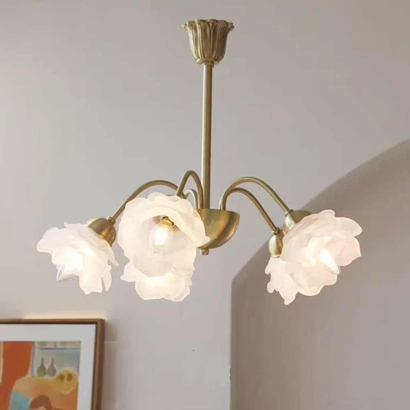 Chandelier Vintage Glass Rose Flower Iron Branch, Gold