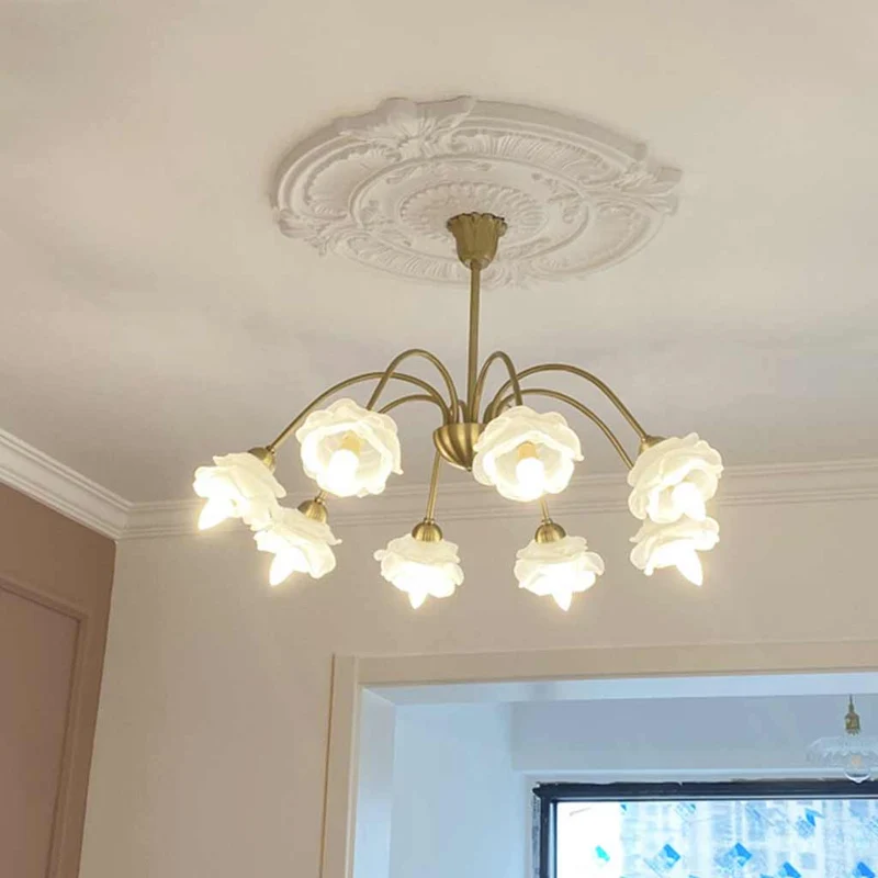Chandelier Vintage Glass Rose Flower Iron Branch, Gold