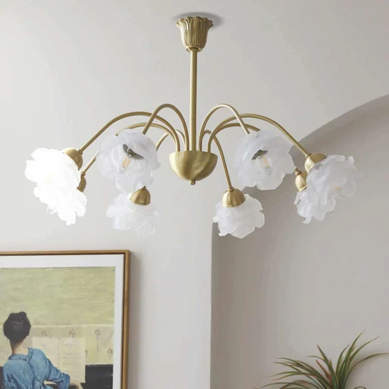 Chandelier Vintage Glass Rose Flower Iron Branch, Gold