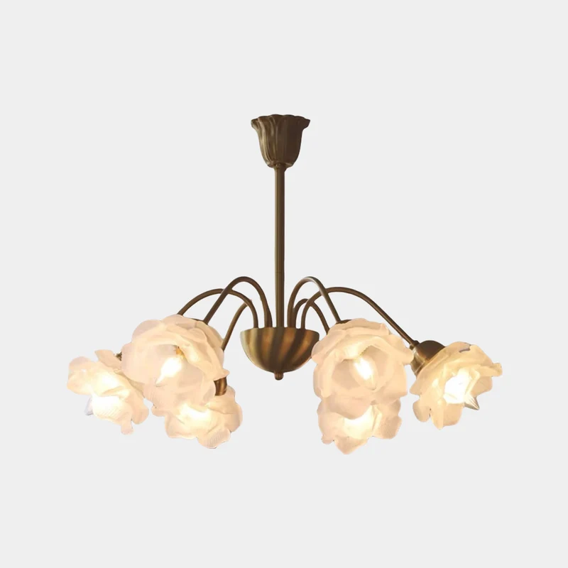 Chandelier Vintage Glass Rose Flower Iron Branch, Gold