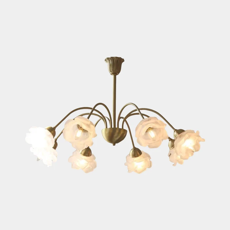 Chandelier Vintage Glass Rose Flower Iron Branch, Gold