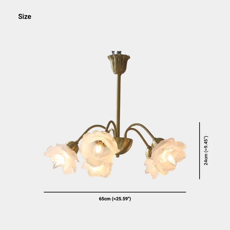 Chandelier Vintage Glass Rose Flower Iron Branch, Gold