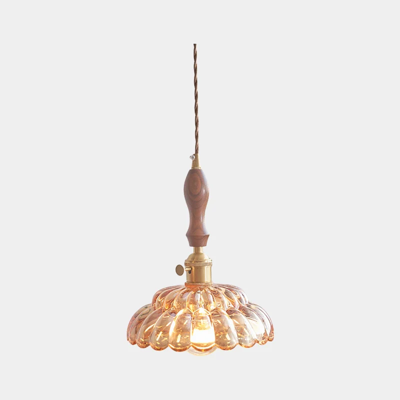 Pendant Light Walnut Wood Flower Amber / Clear Glass