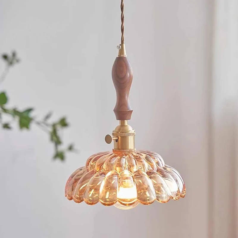 Pendant Light Walnut Wood Flower Amber / Clear Glass