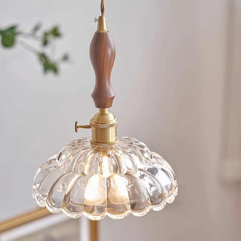 Pendant Light Walnut Wood Flower Amber / Clear Glass
