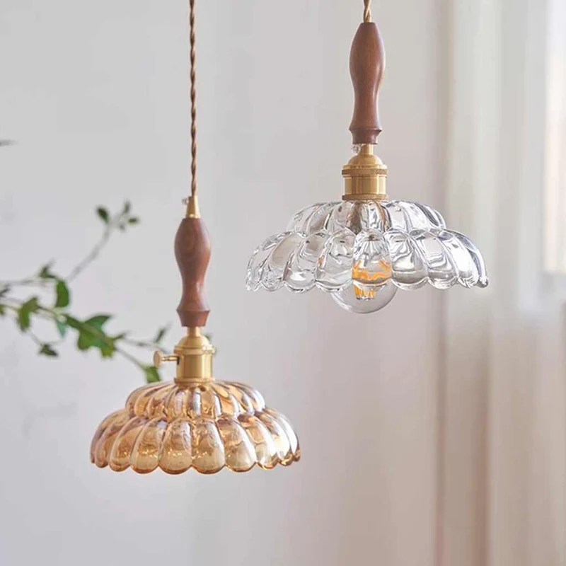 Pendant Light Walnut Wood Flower Amber / Clear Glass