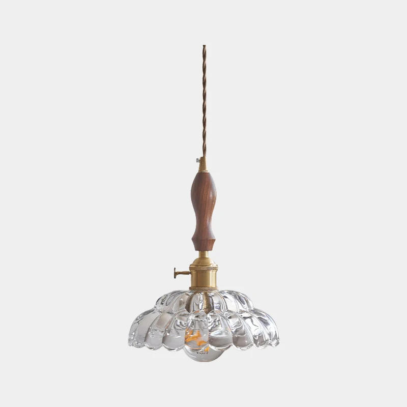Pendant Light Walnut Wood Flower Amber / Clear Glass