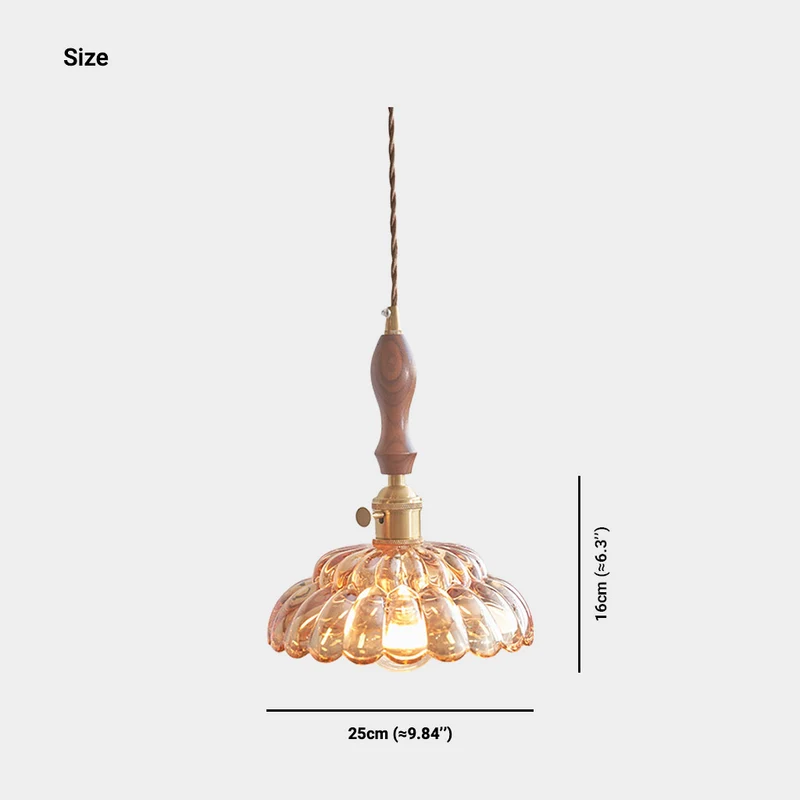 Pendant Light Walnut Wood Flower Amber / Clear Glass