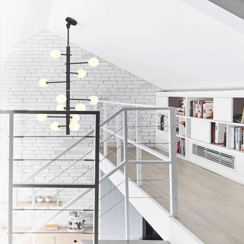 Chandelier Glass Globe High Sloped Ceiling, White & Black