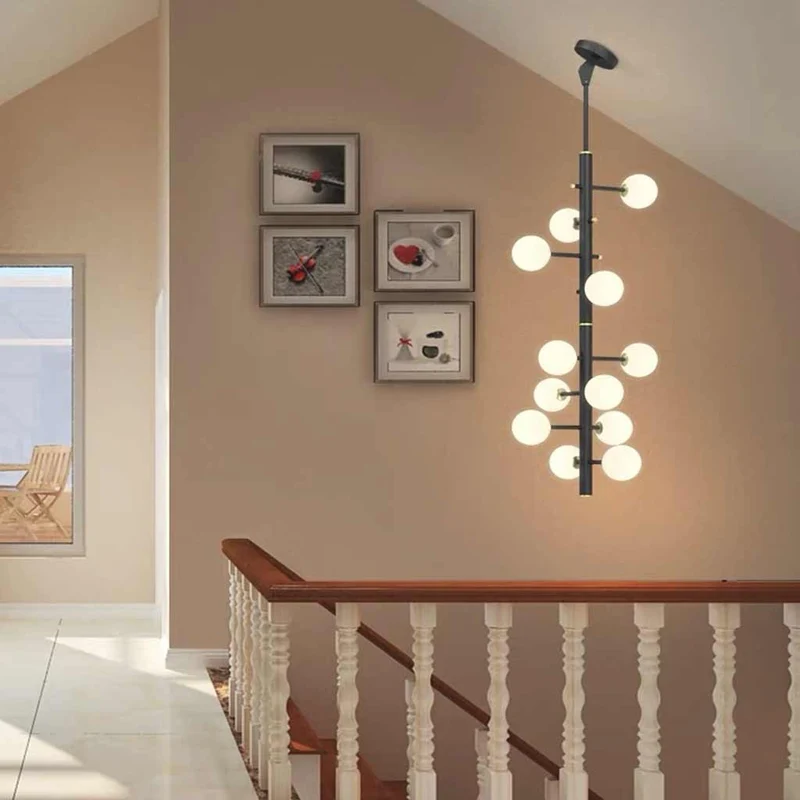 Chandelier Glass Globe High Sloped Ceiling, White & Black