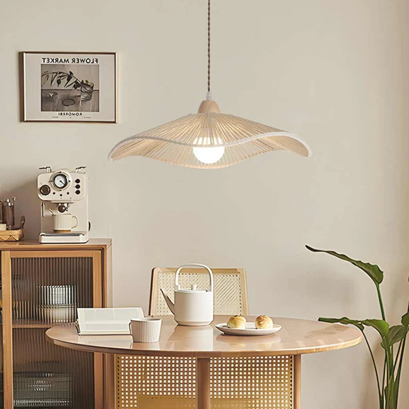 Pendant Light Japandi Hemp Rope Straw Hat, Log / Walnut