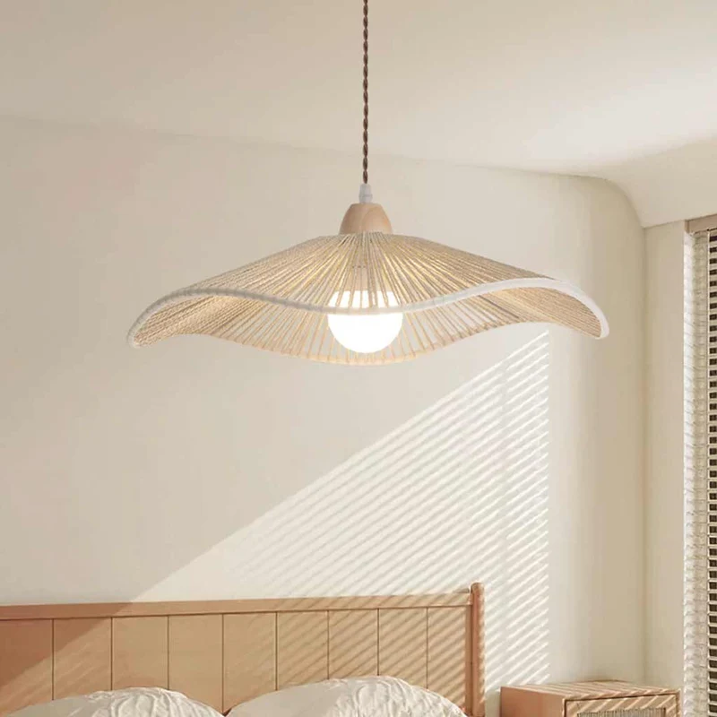 Pendant Light Japandi Hemp Rope Straw Hat, Log / Walnut