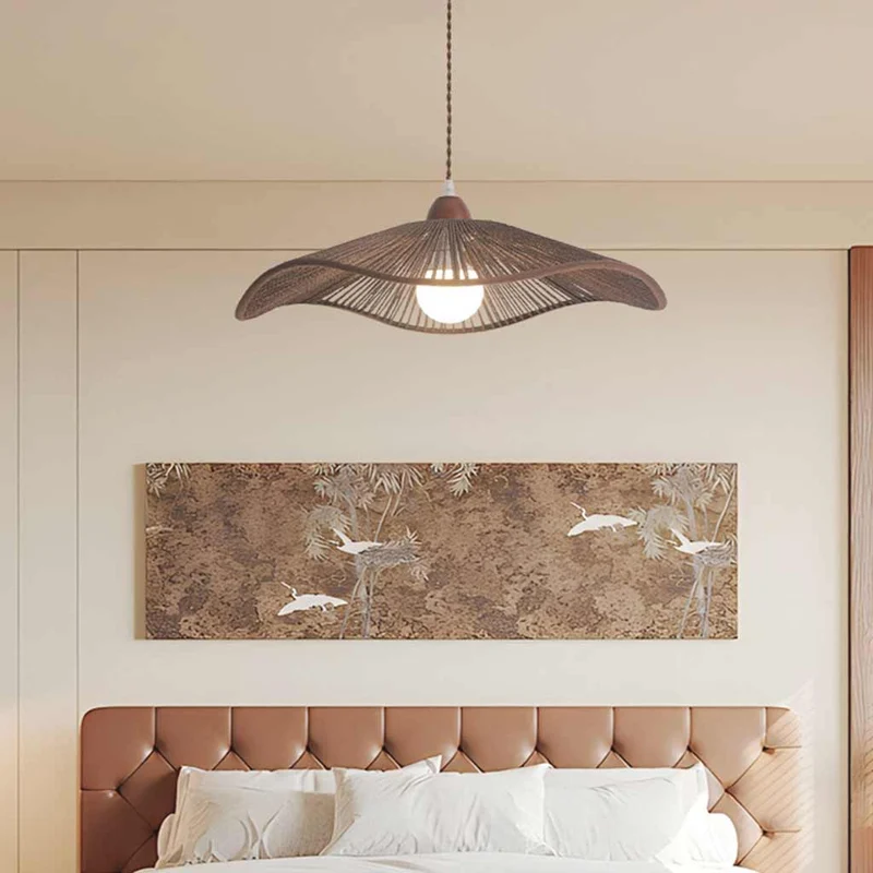 Pendant Light Japandi Hemp Rope Straw Hat, Log / Walnut