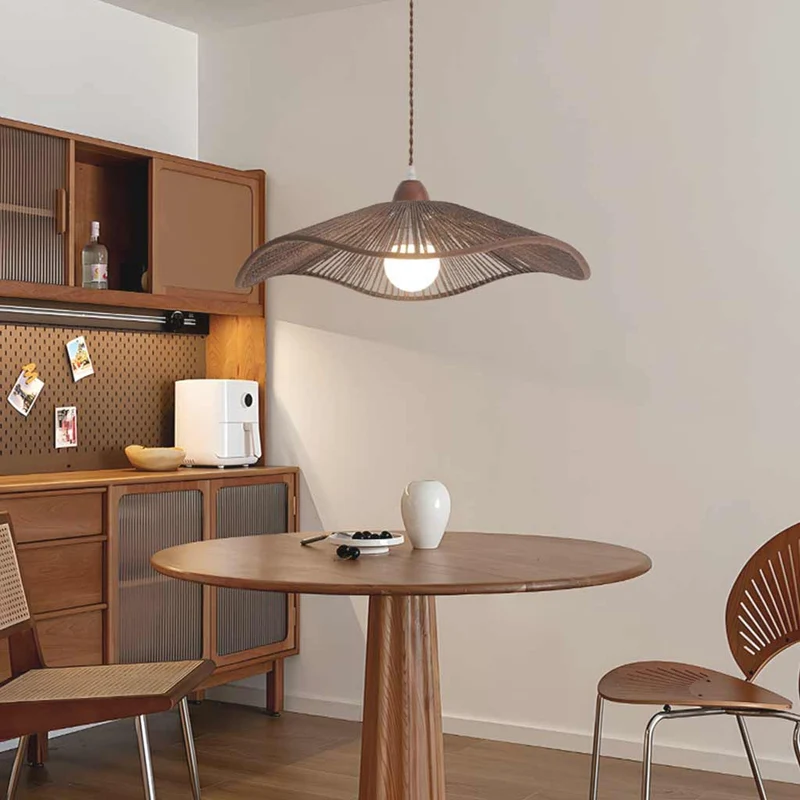 Pendant Light Japandi Hemp Rope Straw Hat, Log / Walnut