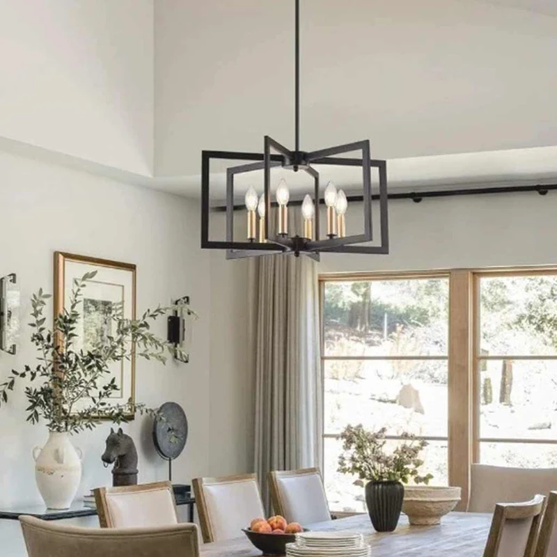 Chandelier Farmhouse Industrial Iron Cage, Black / Gold