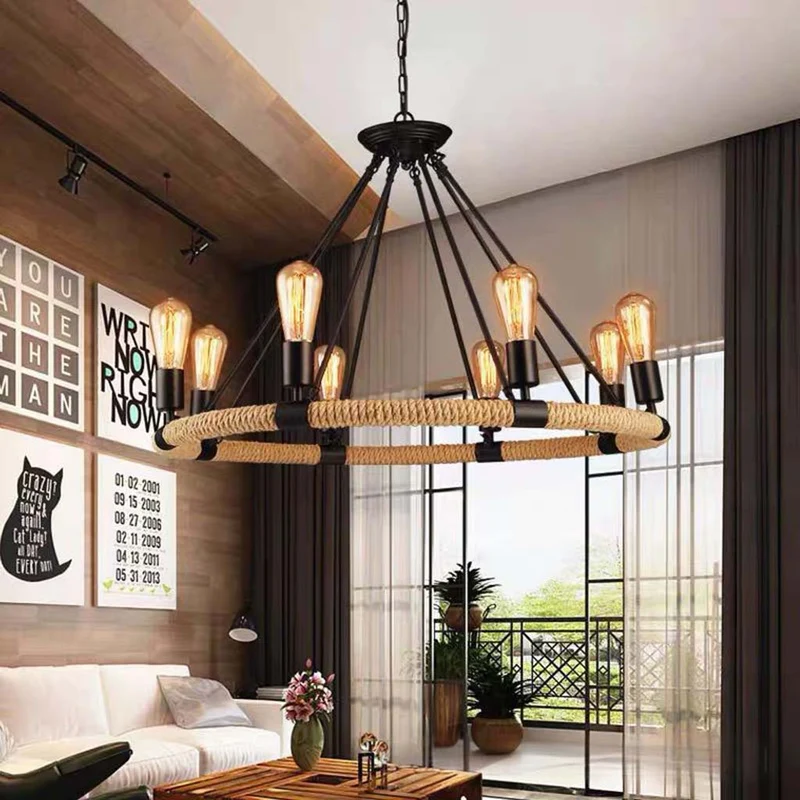 Chandelier Farmhouse Industrial Hemp Rope Ring Candle