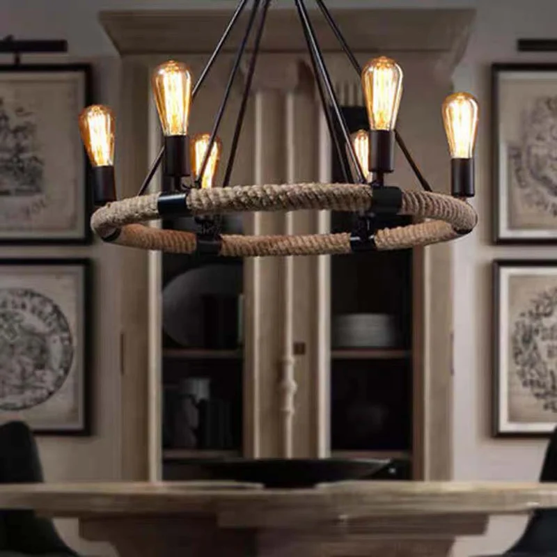 Chandelier Farmhouse Industrial Hemp Rope Ring Candle