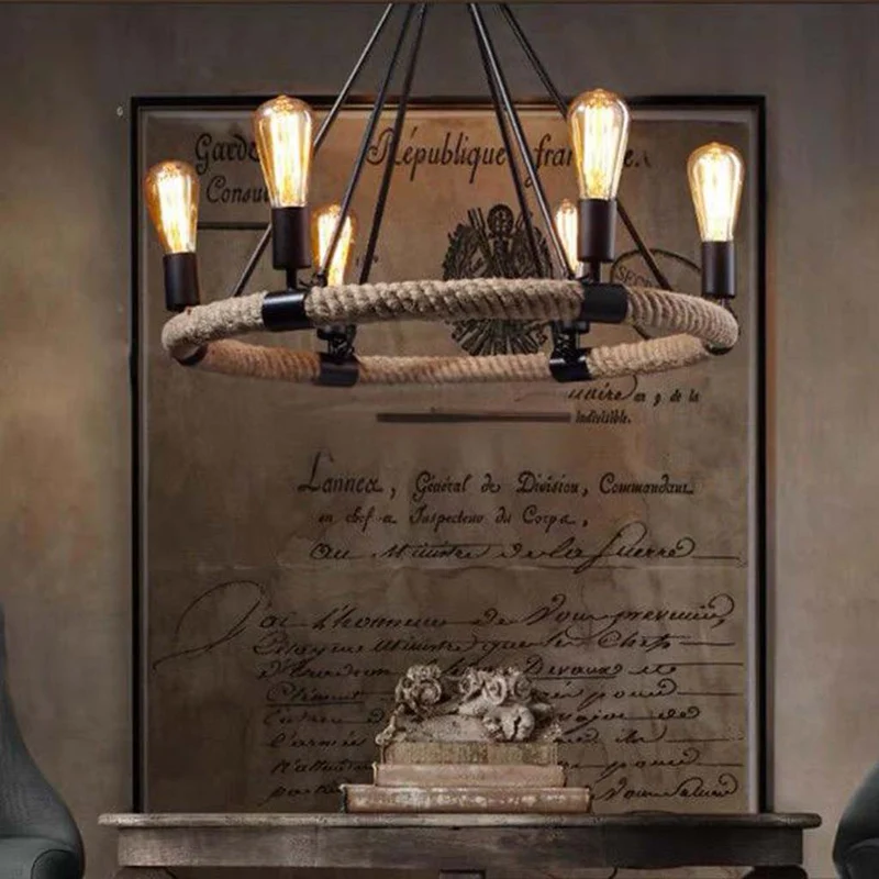 Chandelier Farmhouse Industrial Hemp Rope Ring Candle