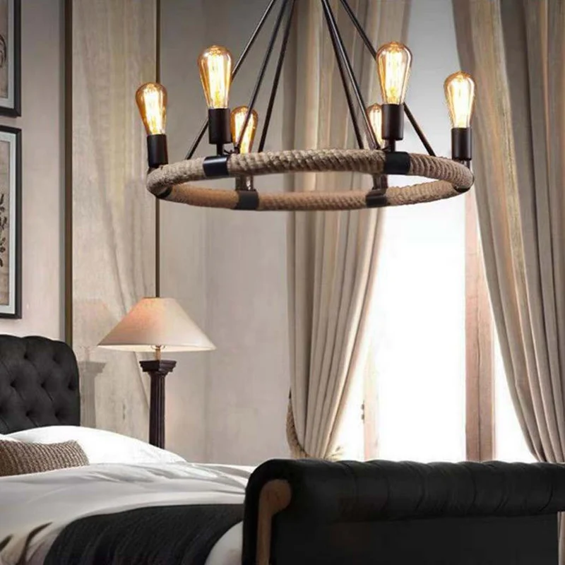 Chandelier Farmhouse Industrial Hemp Rope Ring Candle