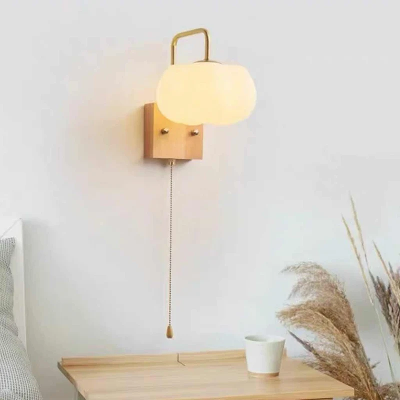 Wall Sconce Light Cream Ambient Wood Cotton Cloud with Pull Chain