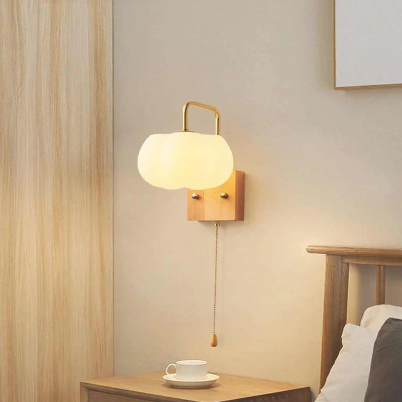 Wall Sconce Light Cream Ambient Wood Cotton Cloud with Pull Chain