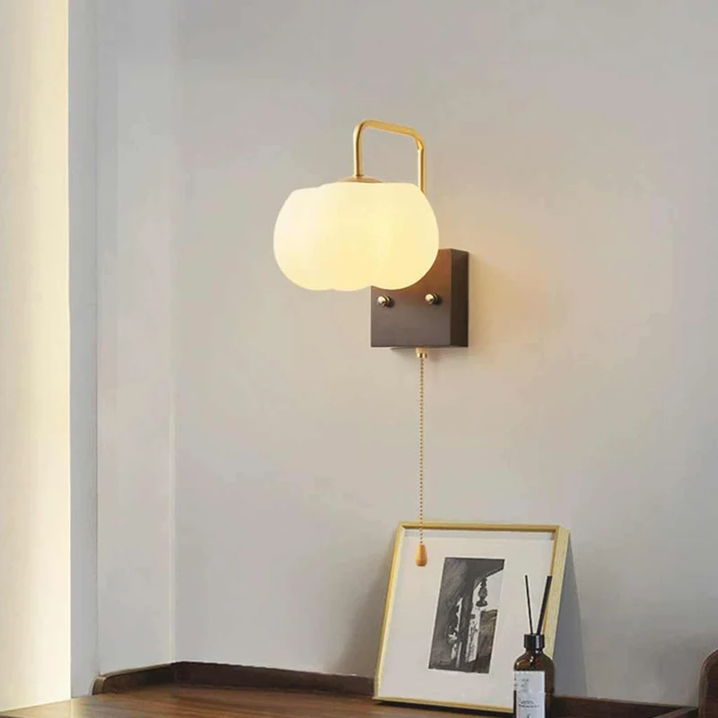Wall Sconce Light Cream Ambient Wood Cotton Cloud with Pull Chain