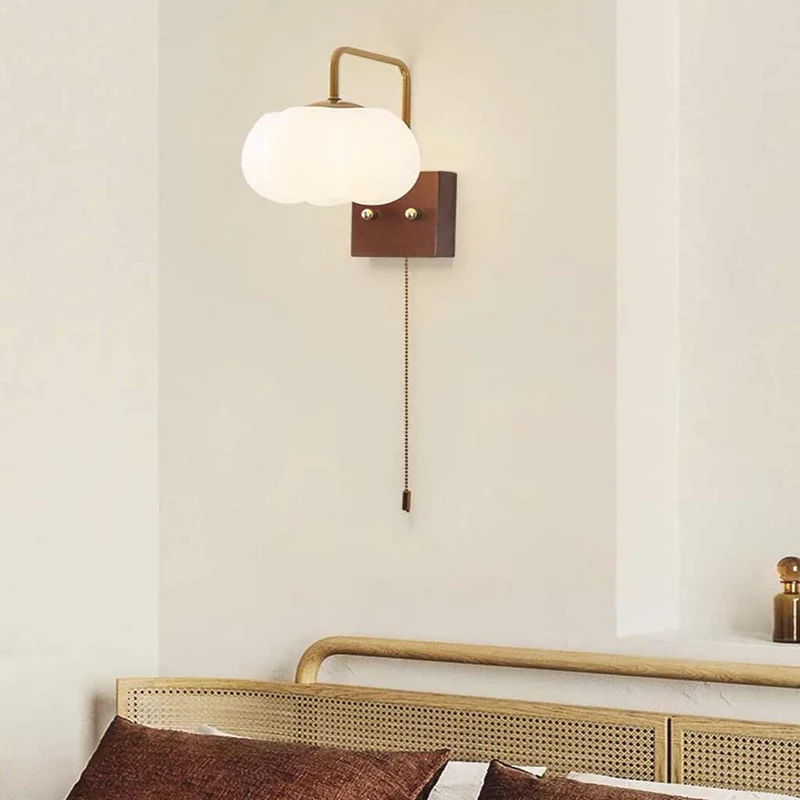 Wall Sconce Light Cream Ambient Wood Cotton Cloud with Pull Chain