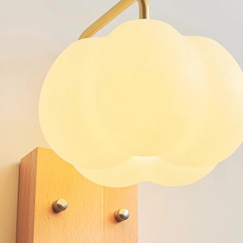 Wall Sconce Light Cream Ambient Wood Cotton Cloud with Pull Chain