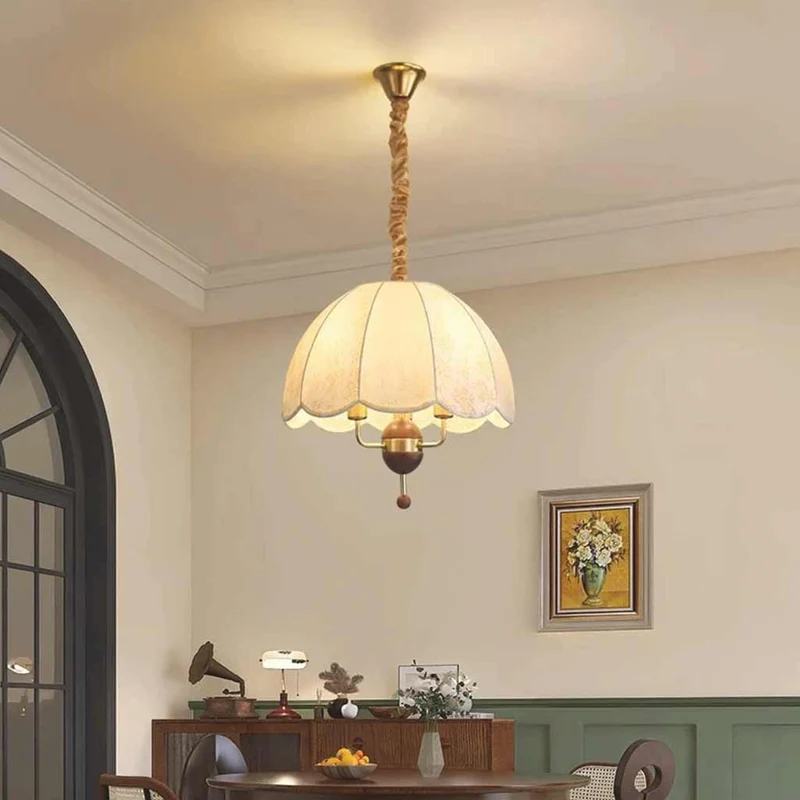 Pendant Light Vintage Metal Wood Fabric Dome Shade