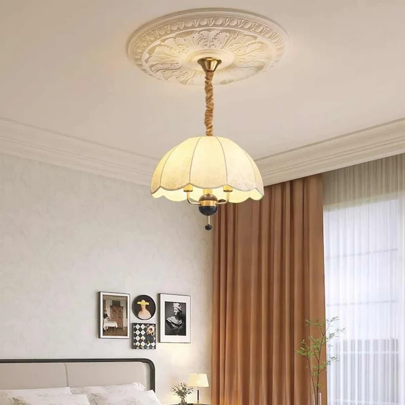 Pendant Light Vintage Metal Wood Fabric Dome Shade