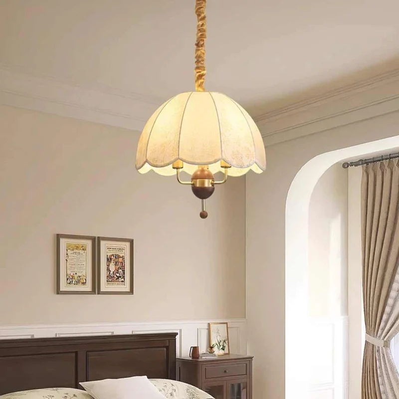 Pendant Light Vintage Metal Wood Fabric Dome Shade
