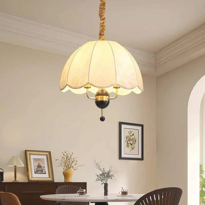 Pendant Light Vintage Metal Wood Fabric Dome Shade