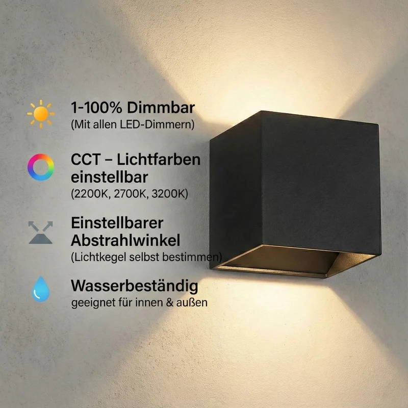 2x LED-Wandleuchte | Innen und außen | Dimmbar | Schwarz | Einstellbare Lichtfarbe | inkl. Leuchtmittel