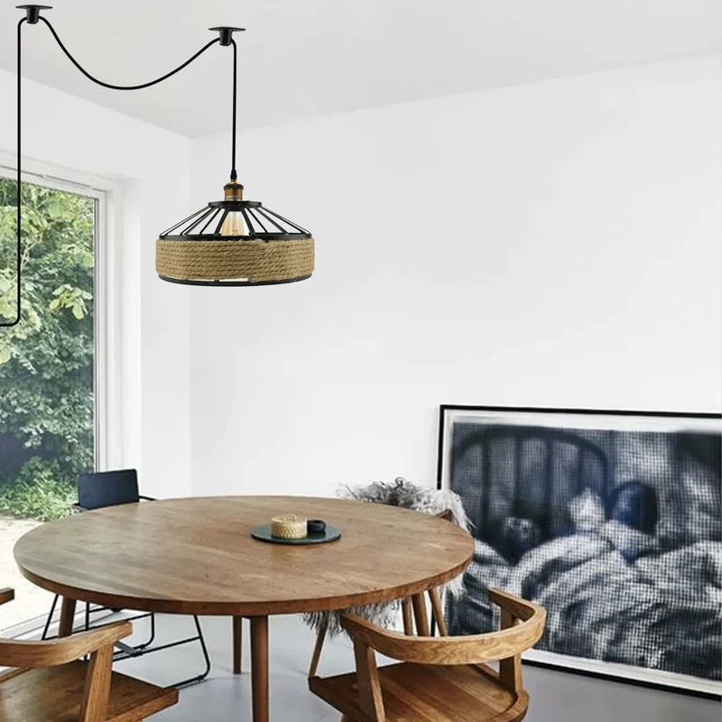 Dezentrale Pendelleuchte Wandanschluss | Hanfseil & Metallkäfig Lampe Ø 30/40cm~3811