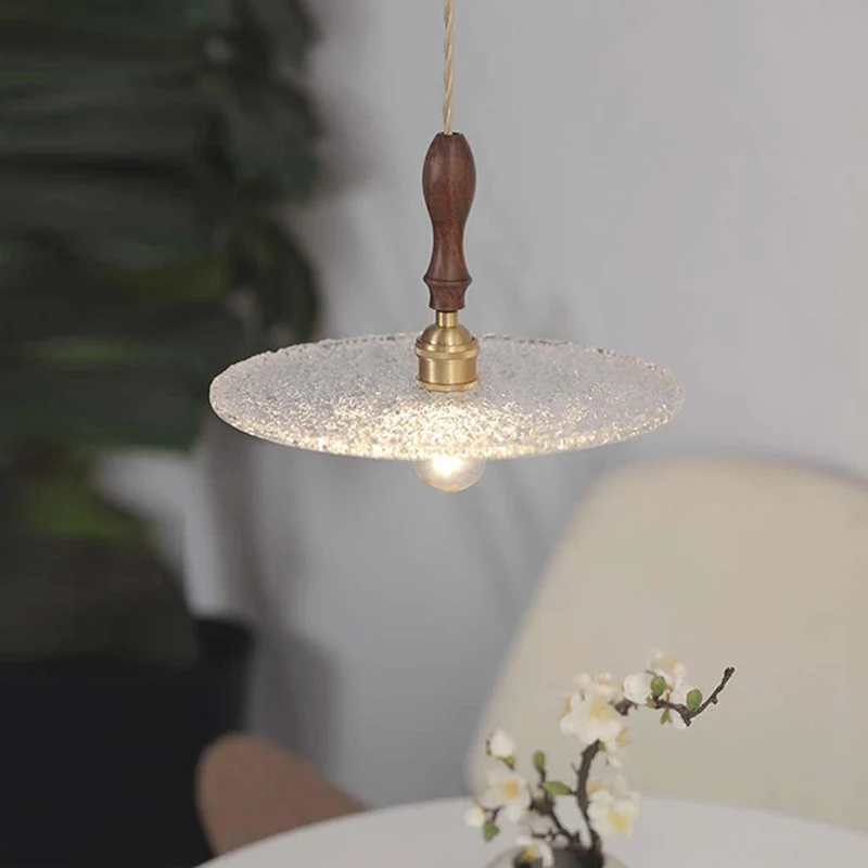 Pendant Light Walnut Wood Frosted Glass Disc / Floral