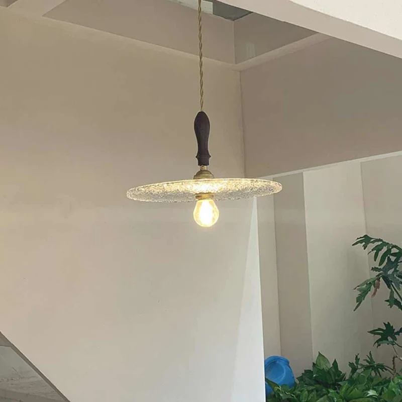 Pendant Light Walnut Wood Frosted Glass Disc / Floral