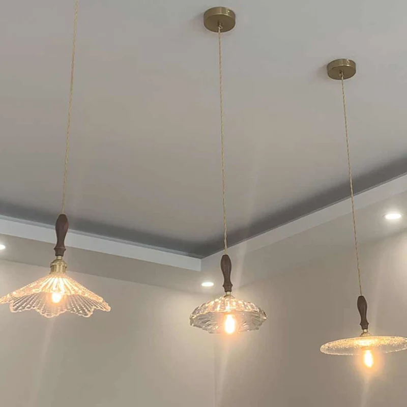 Pendant Light Walnut Wood Frosted Glass Disc / Floral