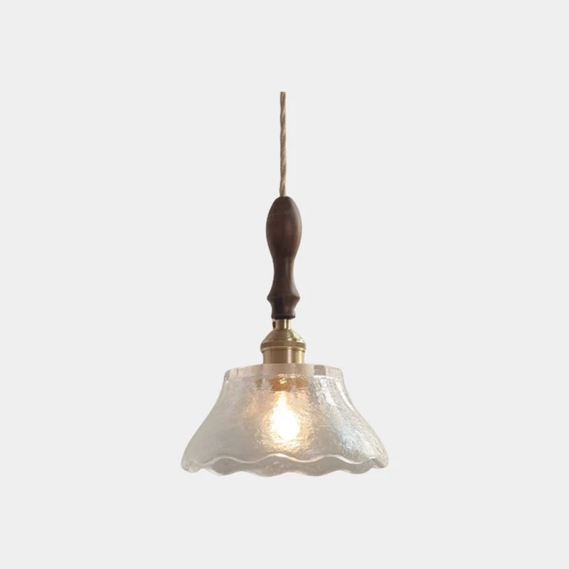 Pendant Light Walnut Wood Frosted Glass Disc / Floral