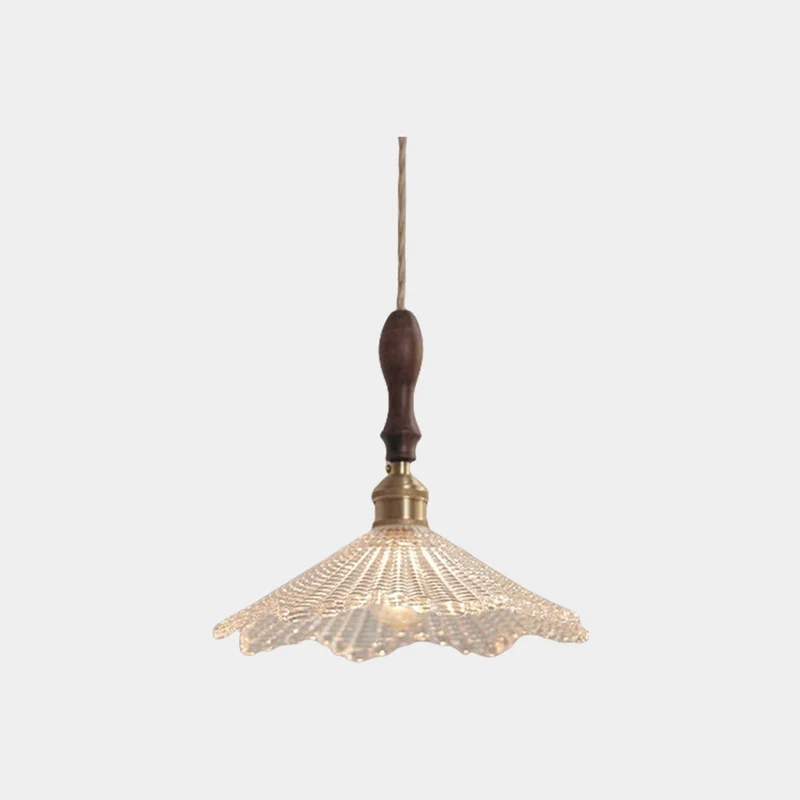 Pendant Light Walnut Wood Frosted Glass Disc / Floral